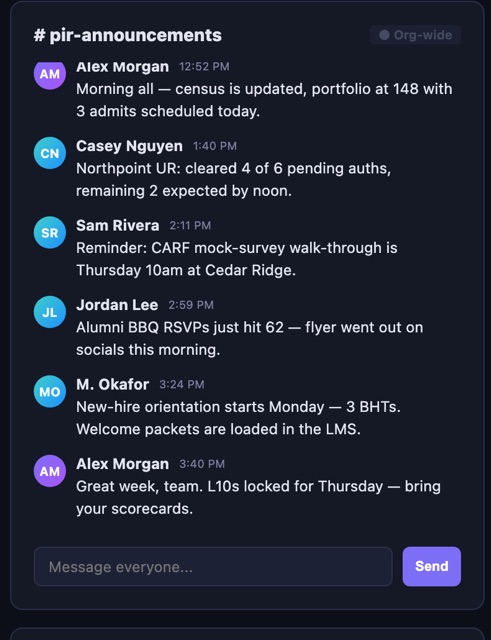 pirOS chat preview with sample data